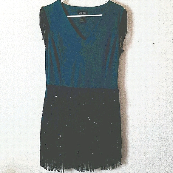 EnFocus Studio Dress Green w/Fringe and Sequins - Picture 1 of 8